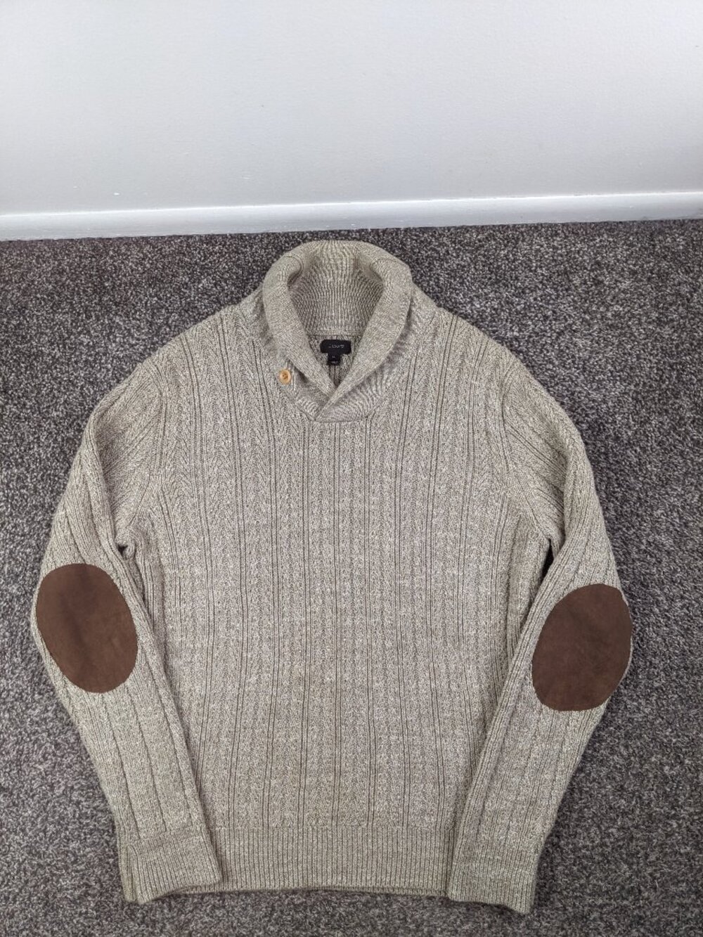 J Crew Sweater Cable Knit Cotton Shawl Cardigan Elbow Patches Beige Mens Medium